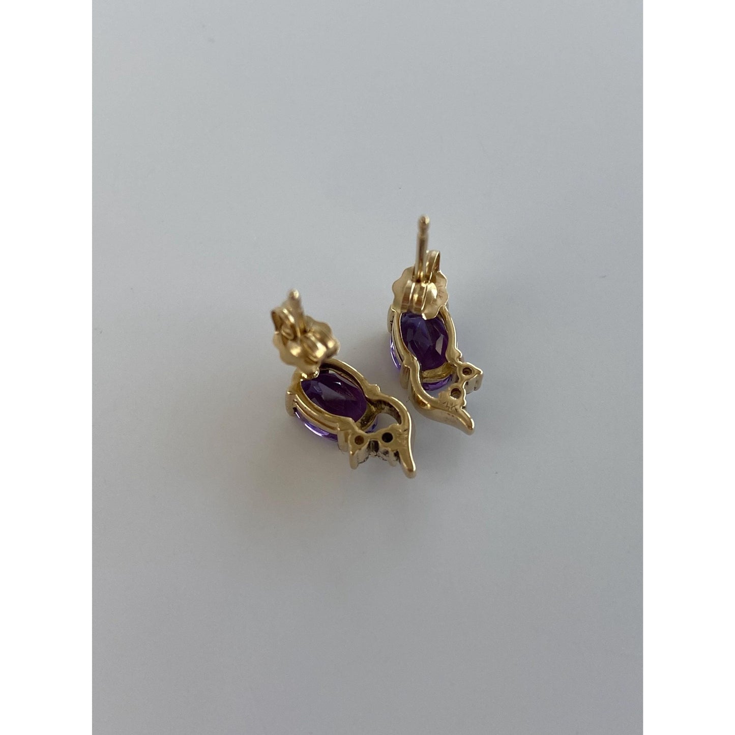 Vintage Solid 14k Yellow Gold Amethyst Diamond Stud Earrings