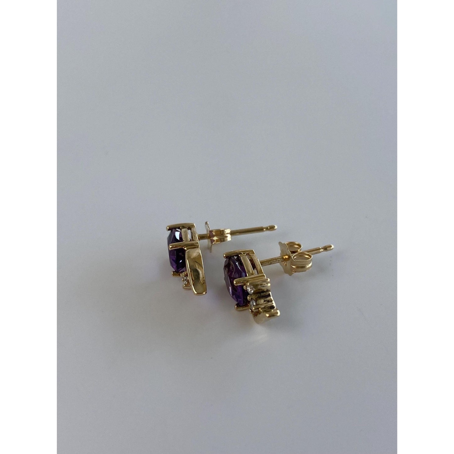 Vintage Solid 14k Yellow Gold Amethyst Diamond Stud Earrings