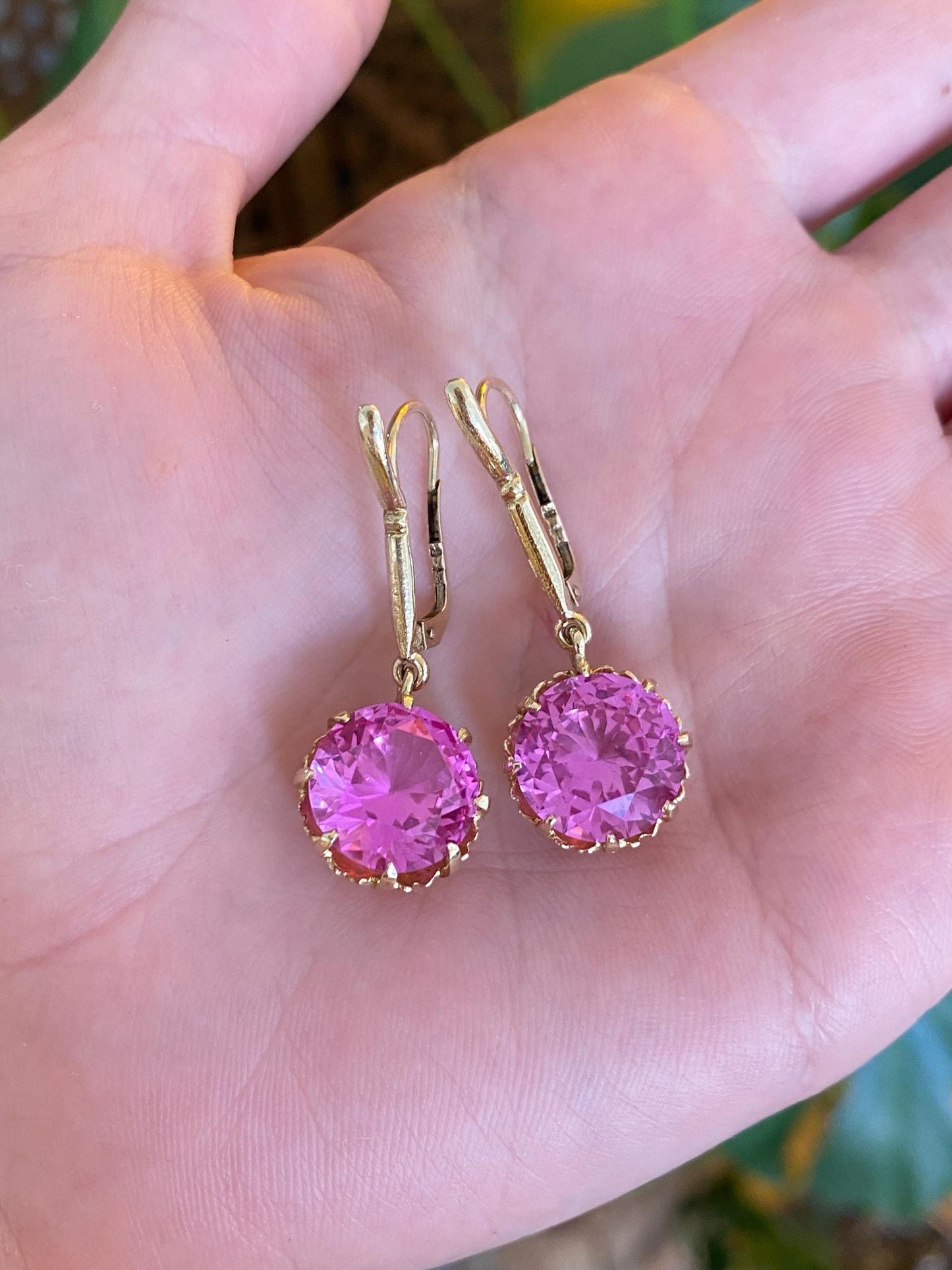 Vintage Solid 12k Yellow Gold Pink Sapphire Dangle Earrings