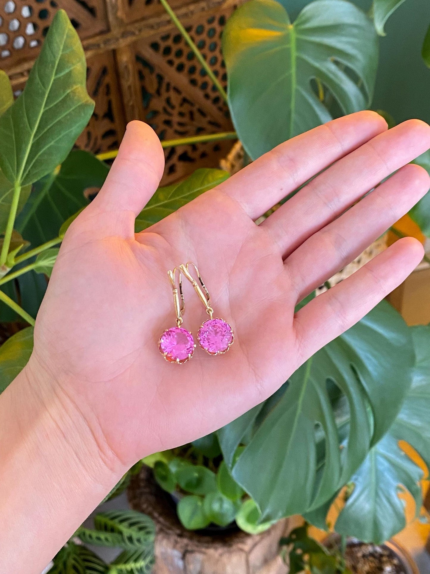 Vintage Solid 12k Yellow Gold Pink Sapphire Dangle Earrings