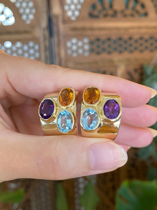 Vintage Solid 14k Yellow Gold Topaz Citrine Amethyst Chunky Drop Earrings
