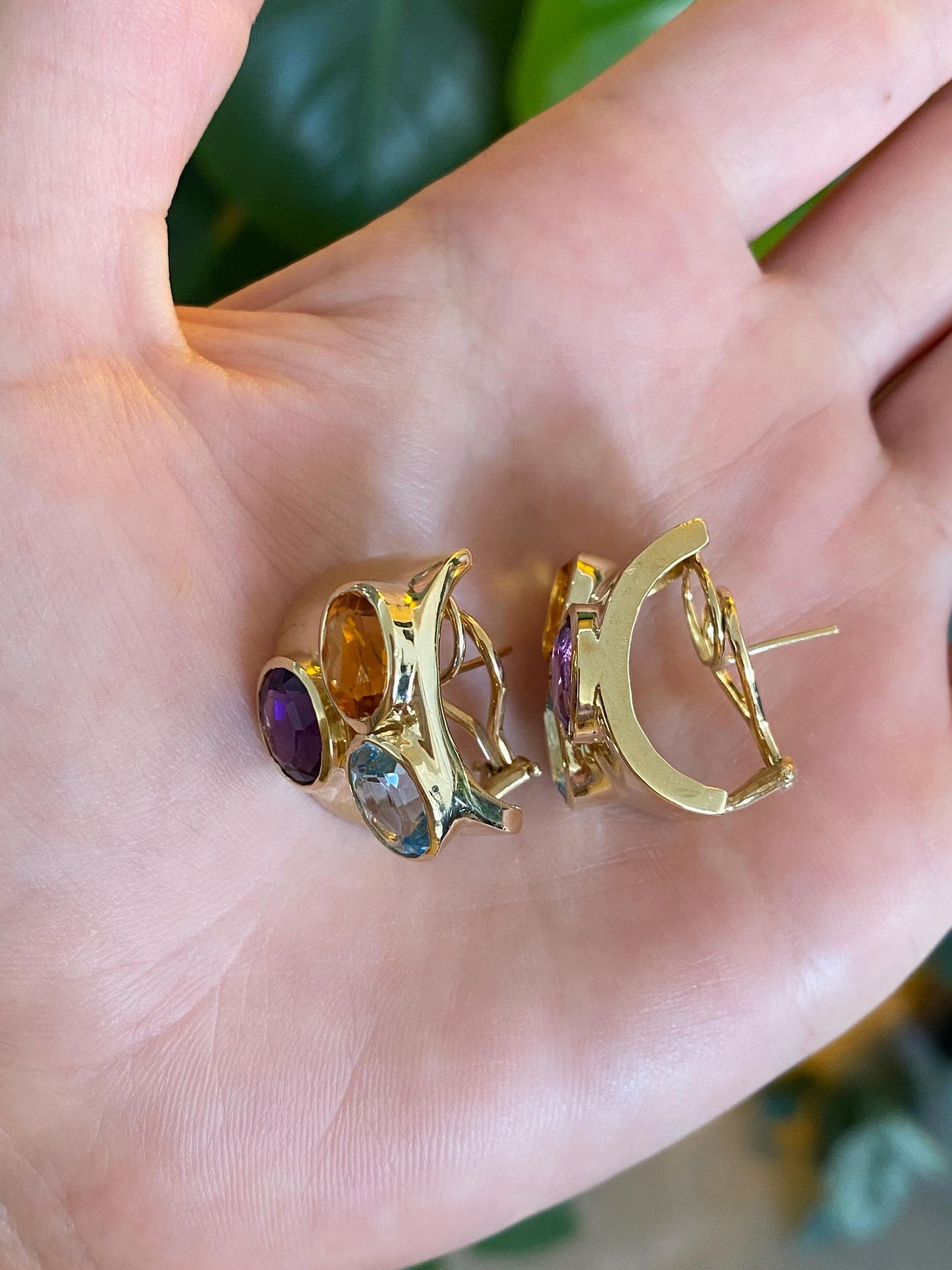 Vintage Solid 14k Yellow Gold Topaz Citrine Amethyst Chunky Drop Earrings