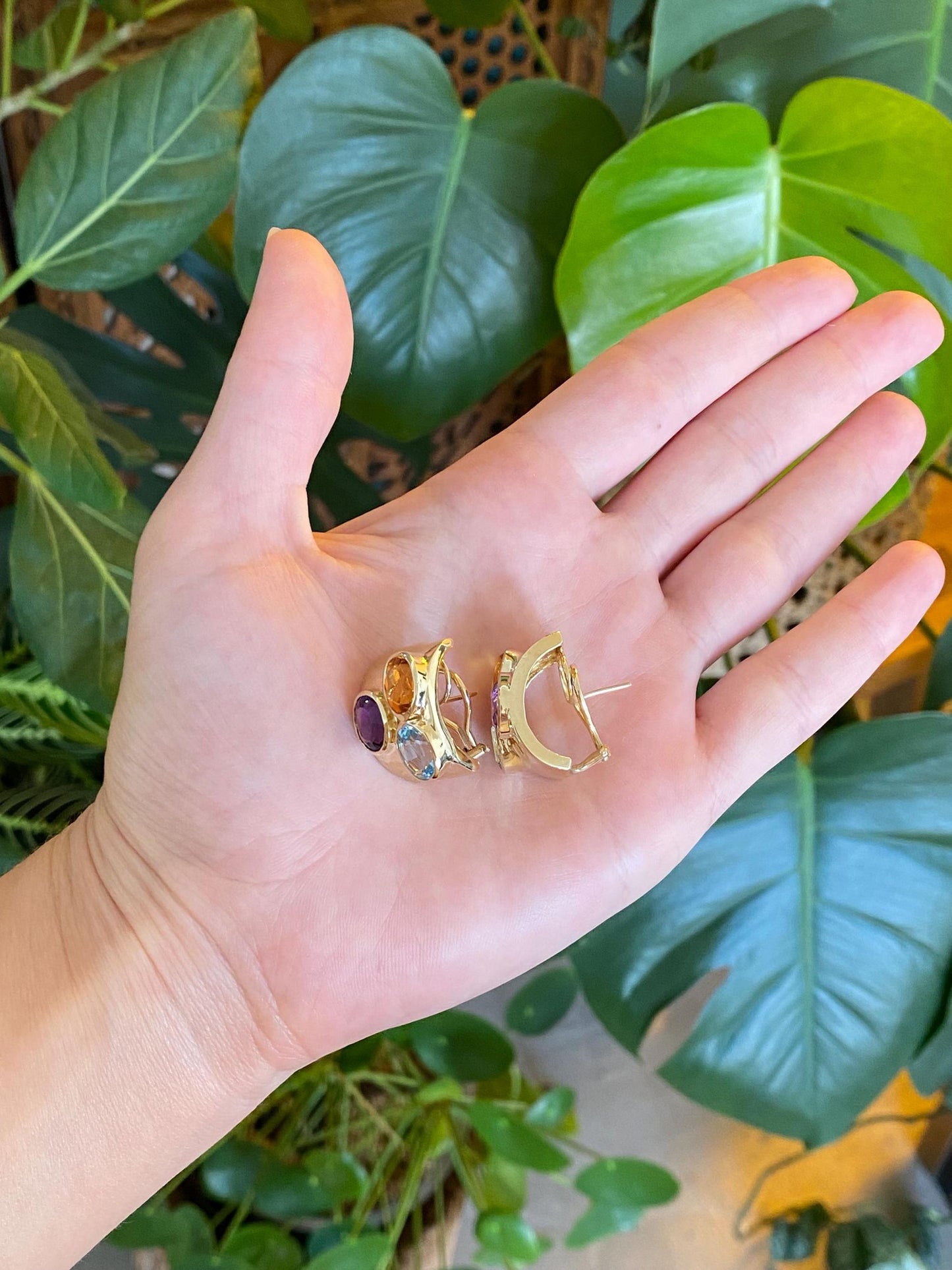 Vintage Solid 14k Yellow Gold Topaz Citrine Amethyst Chunky Drop Earrings