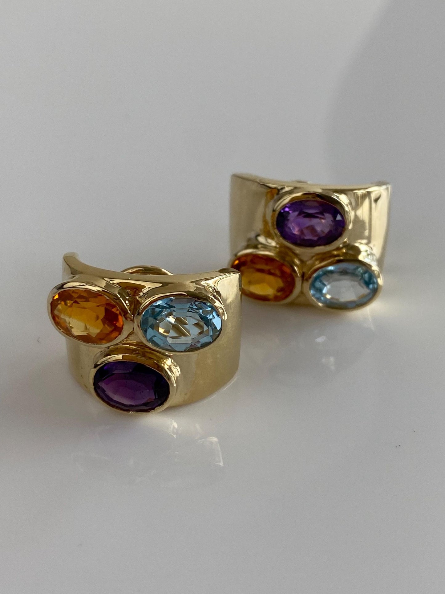 Vintage Solid 14k Yellow Gold Topaz Citrine Amethyst Chunky Drop Earrings