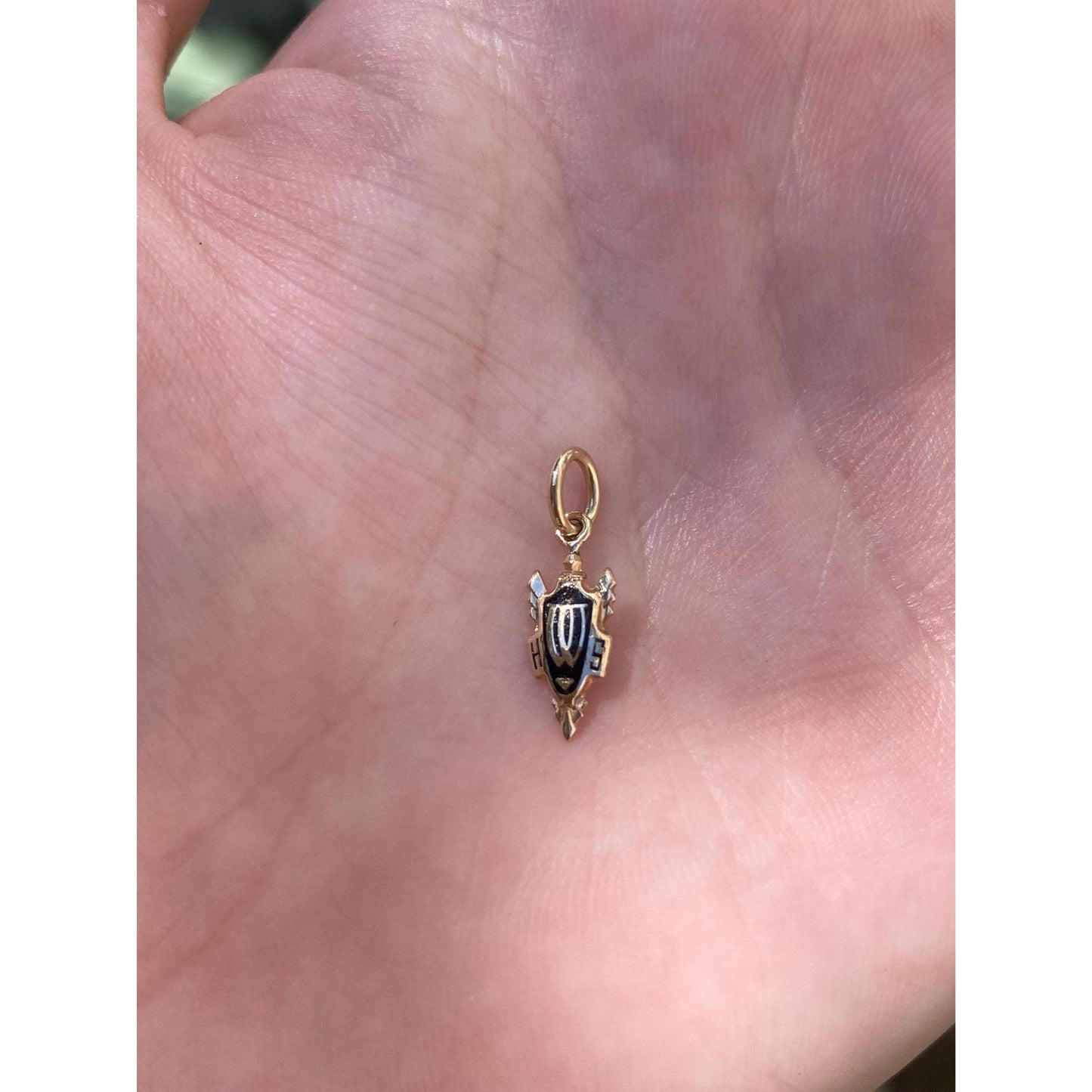 Vintage Solid 10k Yellow Gold Black Enamel Shield Charm