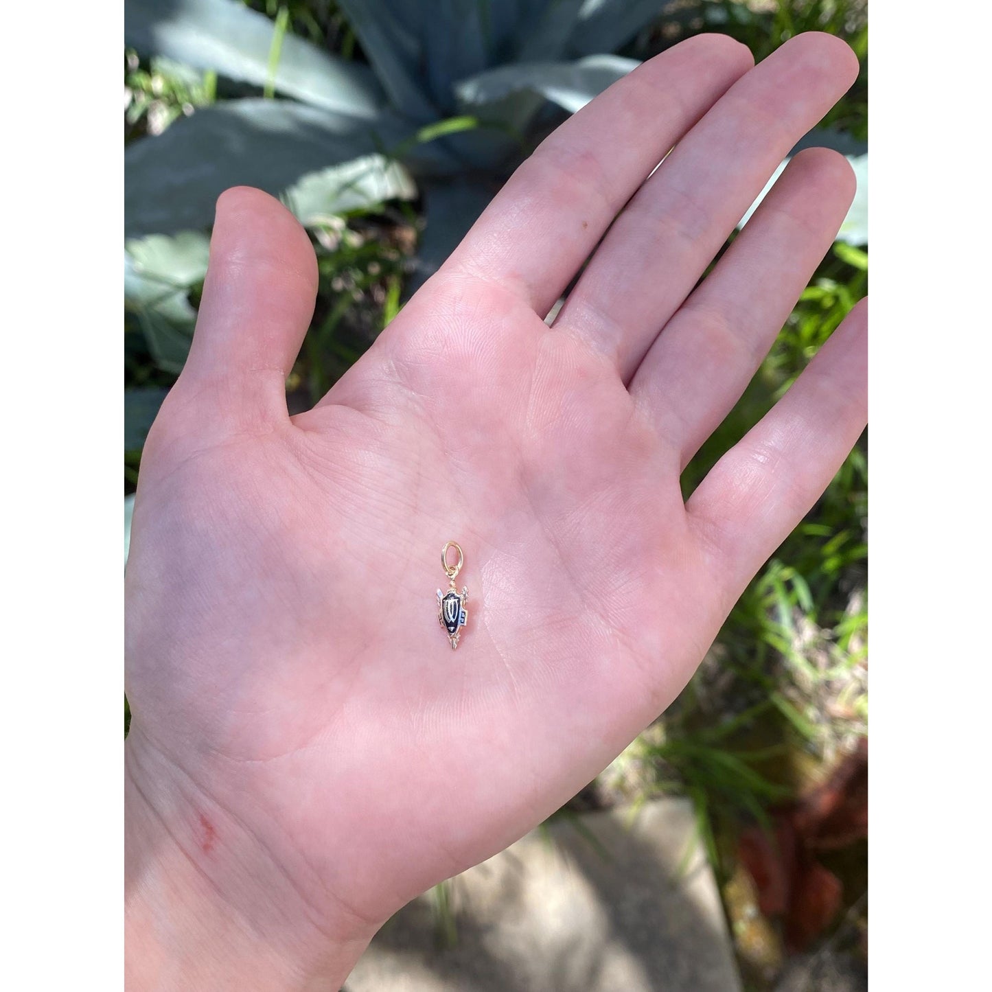 Vintage Solid 10k Yellow Gold Black Enamel Shield Charm