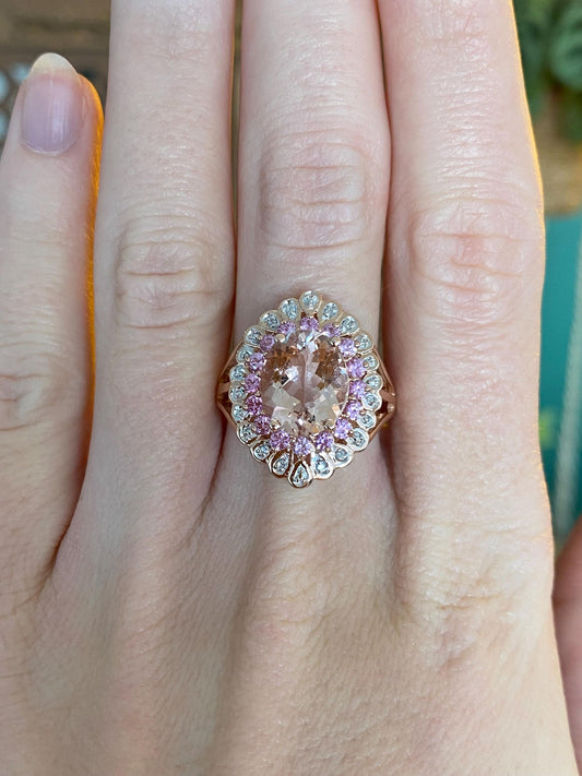 Vintage Solid 10k Rose Gold Morganite Pink Spinel Halo Ring - Size 7.75