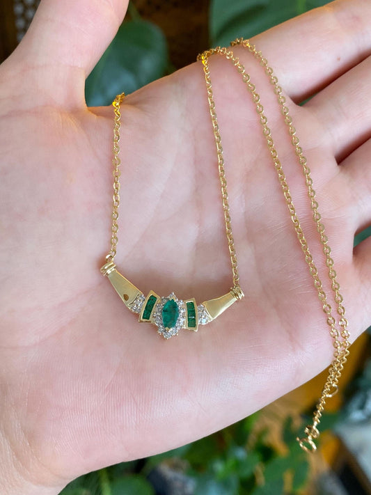Vintage Solid 14k Yellow Gold Diamond Emerald Cable Chain Necklace - 17 inches