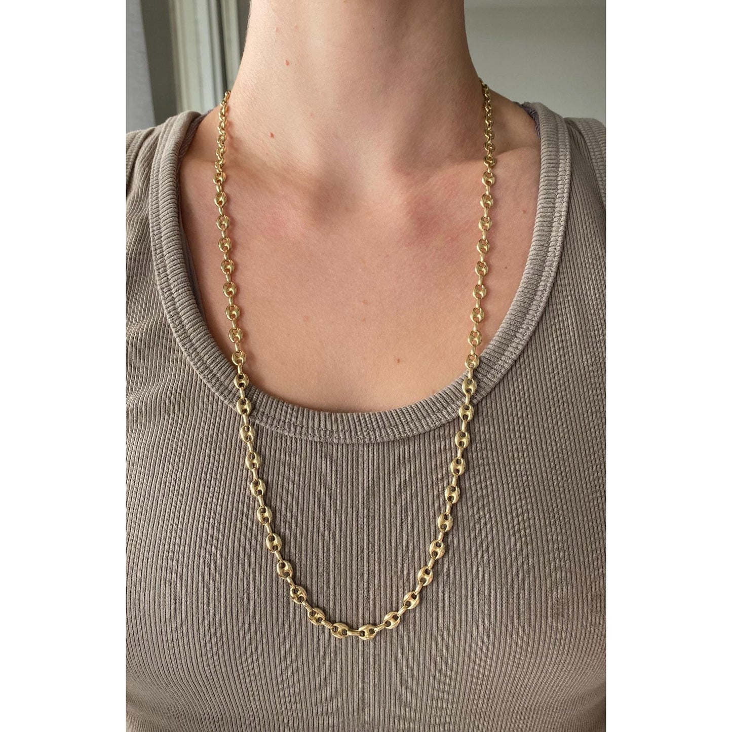 Vintage Solid 14k Yellow Gold Long Puffy Mariner Chain Necklace - 28.75 inches