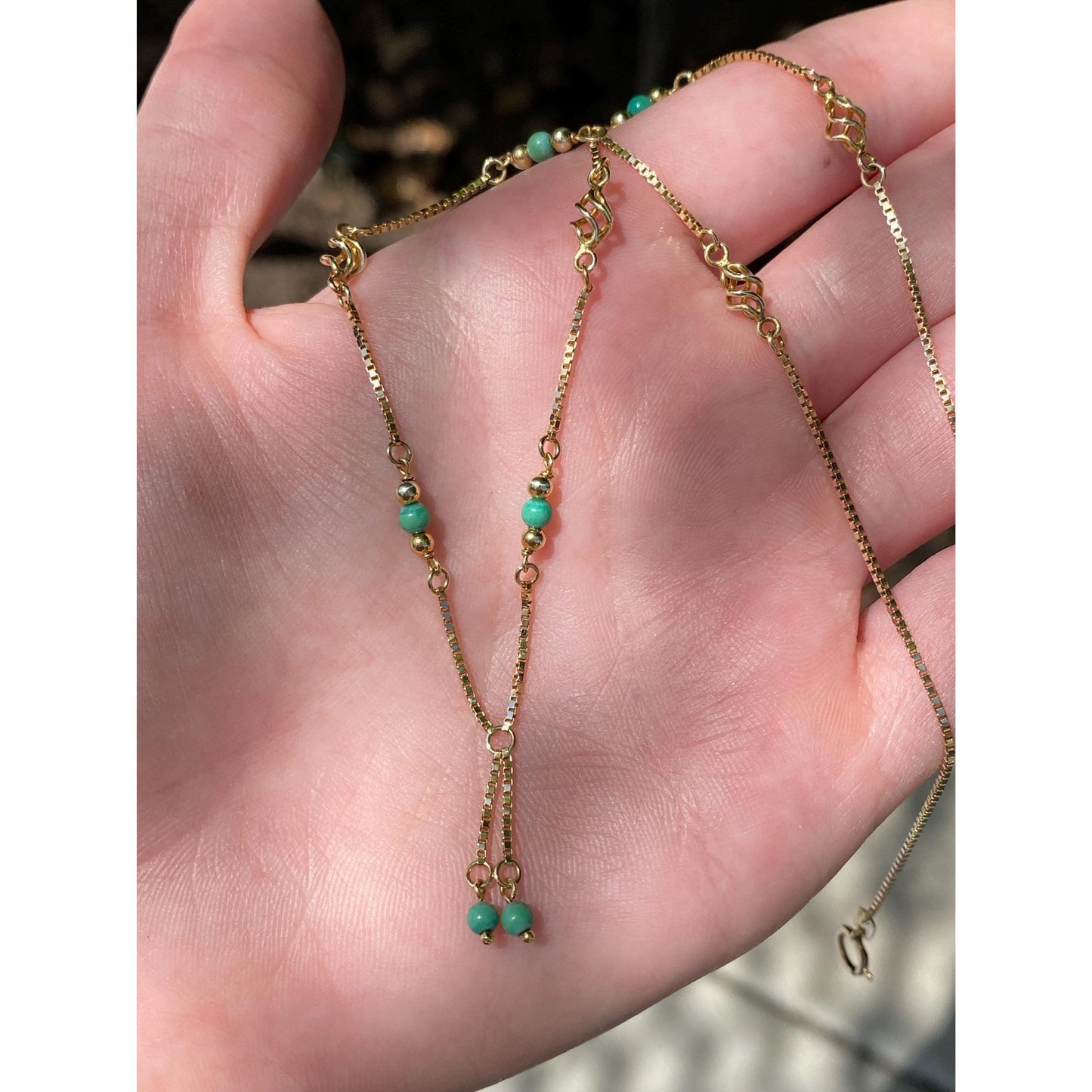 Vintage Solid 14k Yellow Gold Green Bead Ball Spiral Link Box Chain Necklace - 16 inches