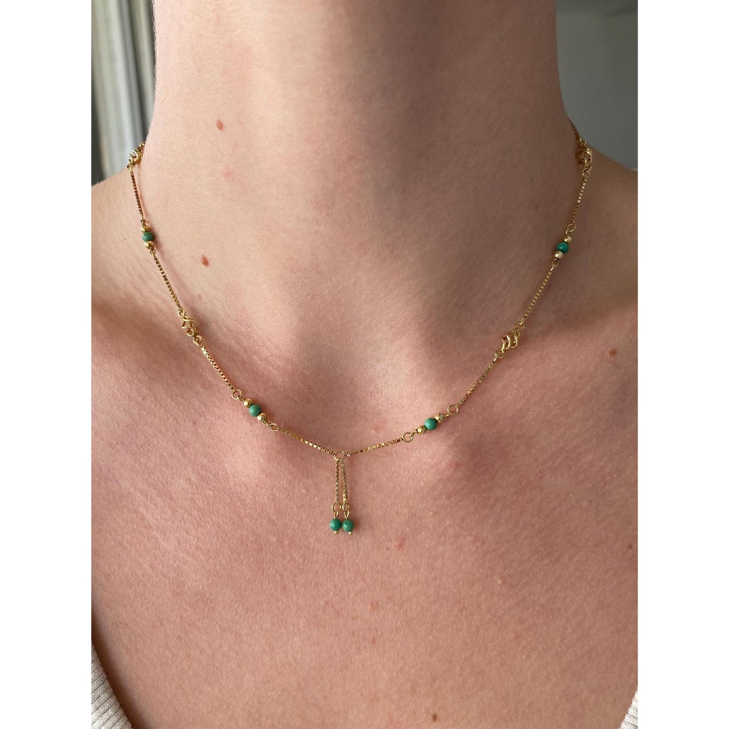 Vintage Solid 14k Yellow Gold Green Bead Ball Spiral Link Box Chain Necklace - 16 inches