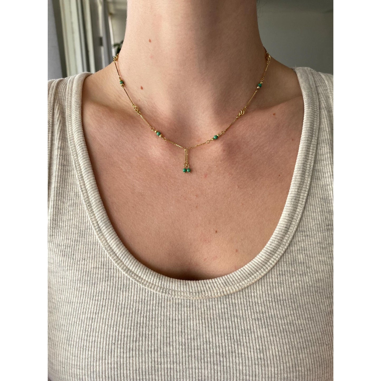 Vintage Solid 14k Yellow Gold Green Bead Ball Spiral Link Box Chain Necklace - 16 inches