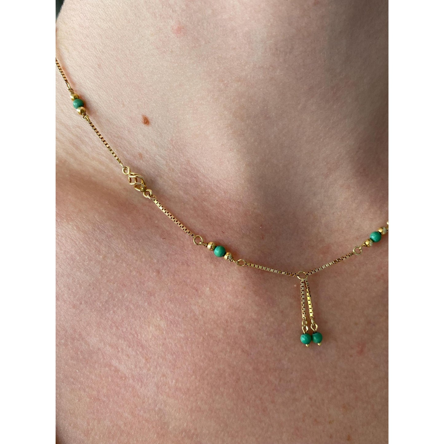 Vintage Solid 14k Yellow Gold Green Bead Ball Spiral Link Box Chain Necklace - 16 inches