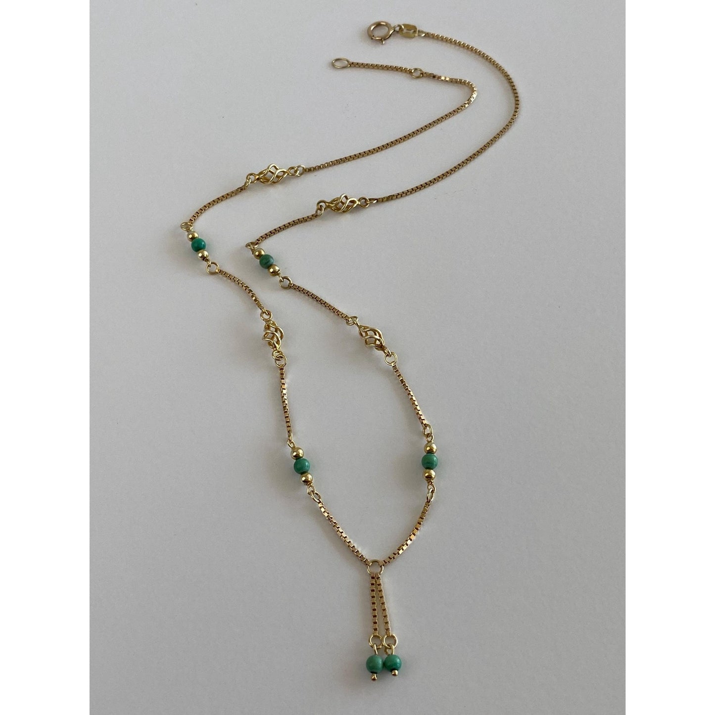 Vintage Solid 14k Yellow Gold Green Bead Ball Spiral Link Box Chain Necklace - 16 inches