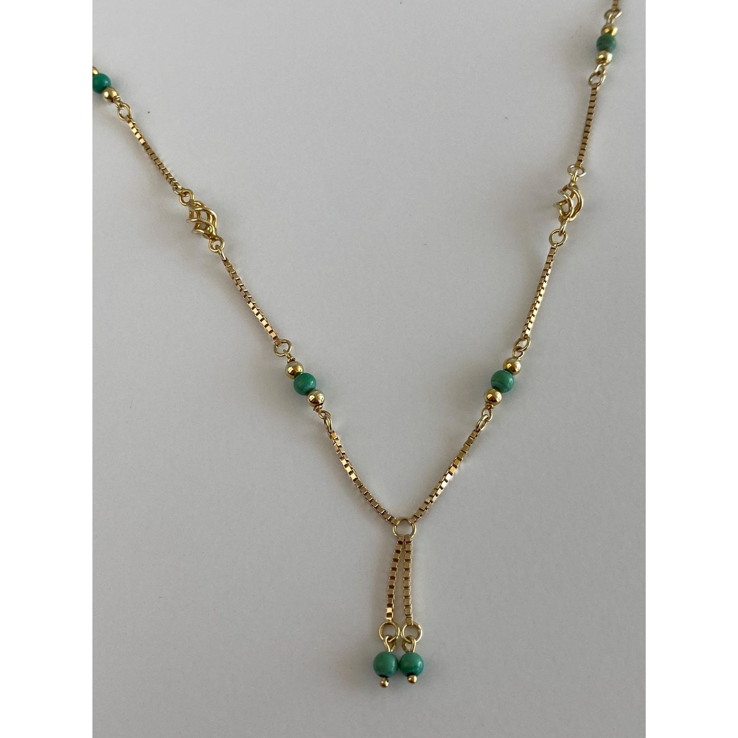 Vintage Solid 14k Yellow Gold Green Bead Ball Spiral Link Box Chain Necklace - 16 inches