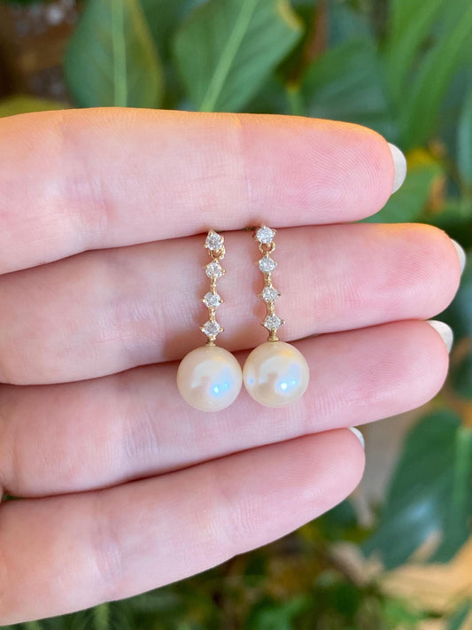 Vintage Solid 14k Yellow Gold Diamonds Pearl Drop Earrings