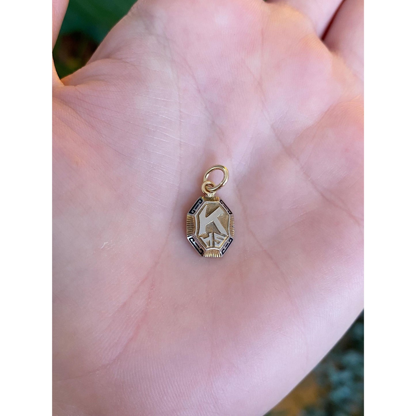 Vintage Solid 10k White & Yellow Gold Enamel K.H.S. Charm