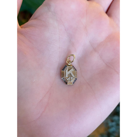 Vintage Solid 10k White & Yellow Gold Enamel K.H.S. Charm