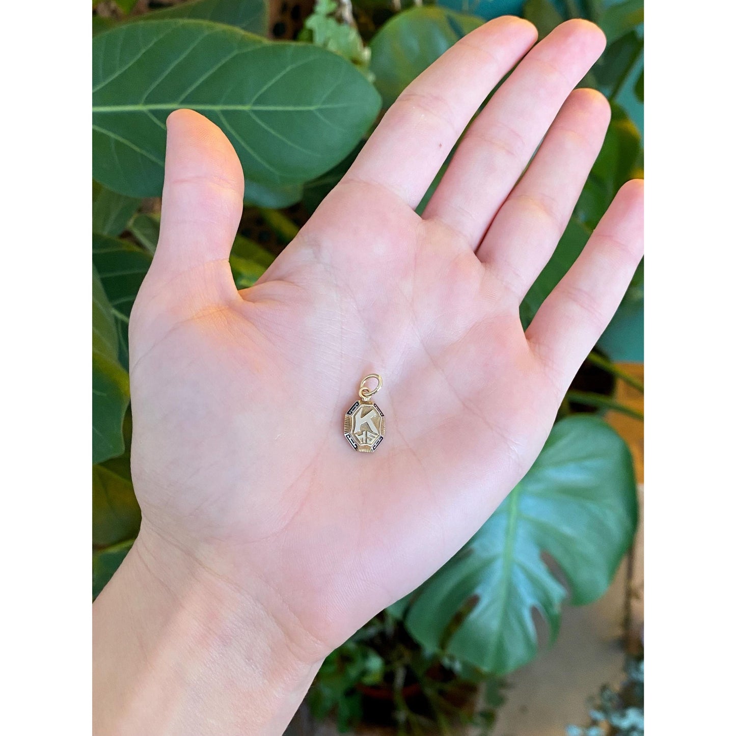 Vintage Solid 10k White & Yellow Gold Enamel K.H.S. Charm