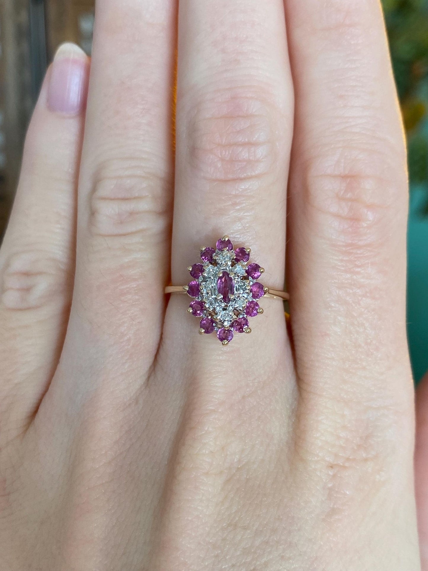 Vintage Solid 14k Yellow Gold Diamond Ruby Cluster Ring - Size 6
