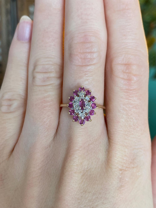 Vintage Solid 14k Yellow Gold Diamond Ruby Cluster Ring - Size 6
