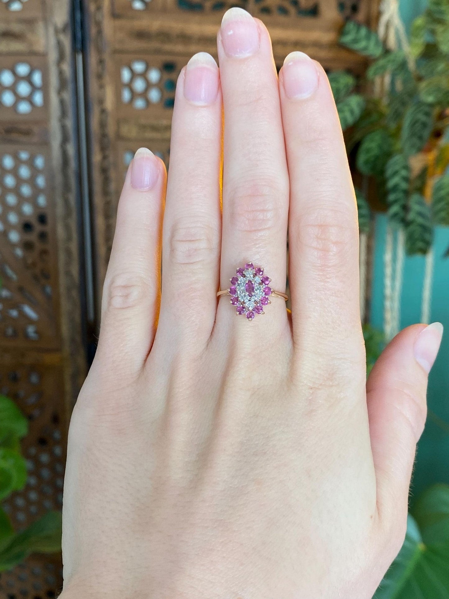 Vintage Solid 14k Yellow Gold Diamond Ruby Cluster Ring - Size 6