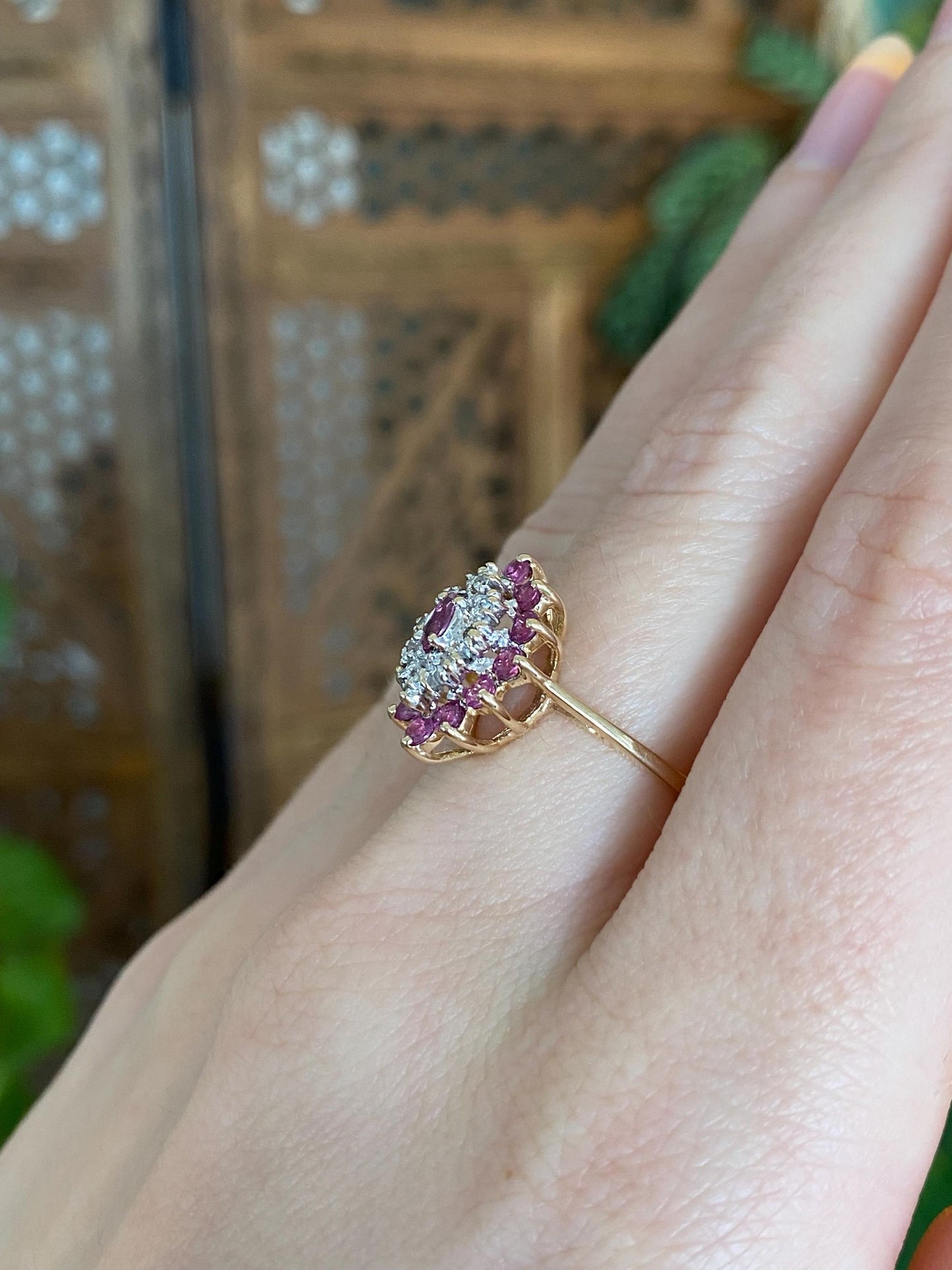 Vintage Solid 14k Yellow Gold Diamond Ruby Cluster Ring - Size 6