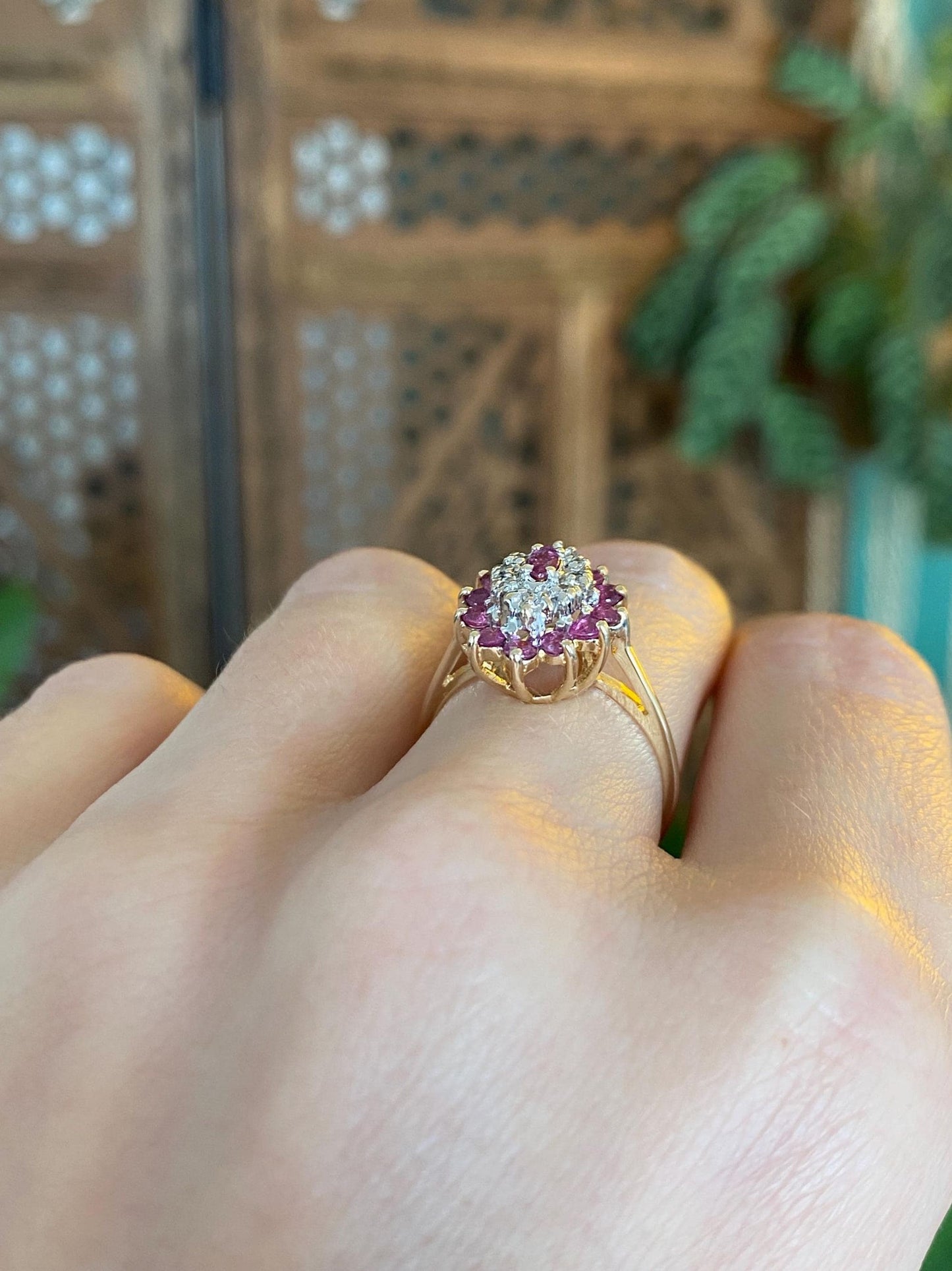 Vintage Solid 14k Yellow Gold Diamond Ruby Cluster Ring - Size 6