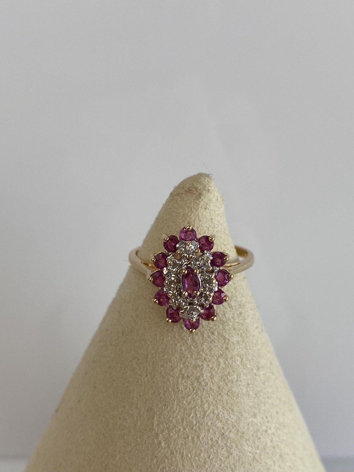 Vintage Solid 14k Yellow Gold Diamond Ruby Cluster Ring - Size 6