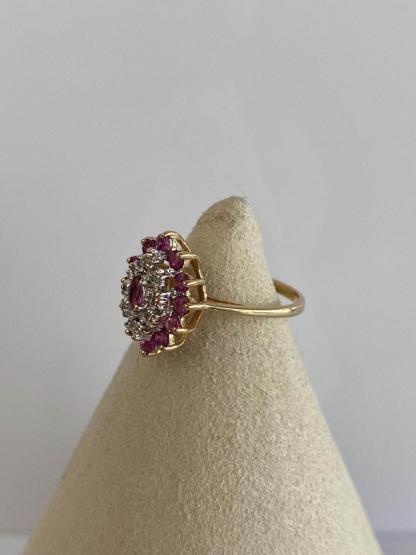 Vintage Solid 14k Yellow Gold Diamond Ruby Cluster Ring - Size 6
