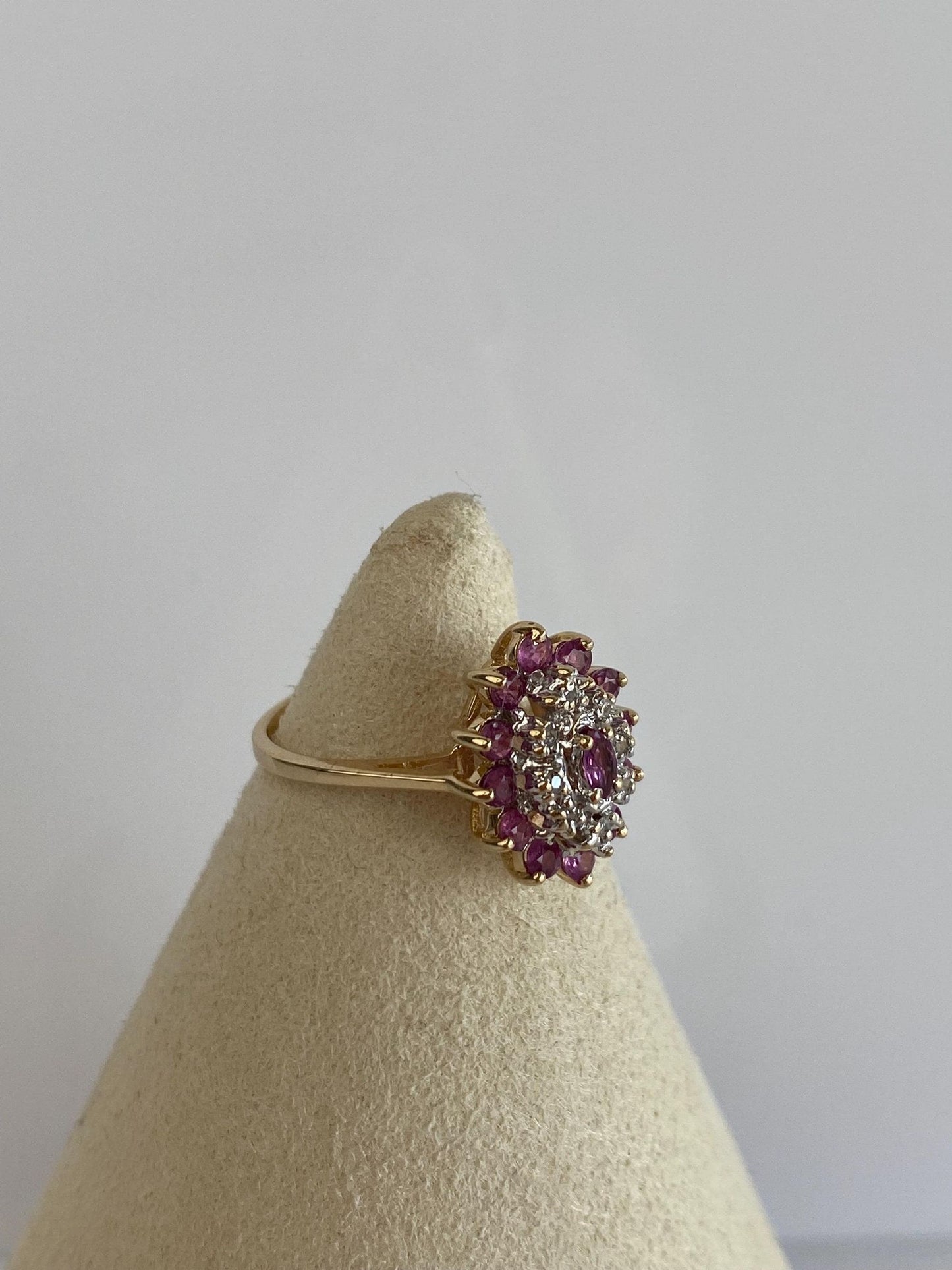 Vintage Solid 14k Yellow Gold Diamond Ruby Cluster Ring - Size 6