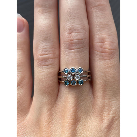 Vintage Solid 14k White Gold Clear & Blue Diamond Ring - Size 6.5