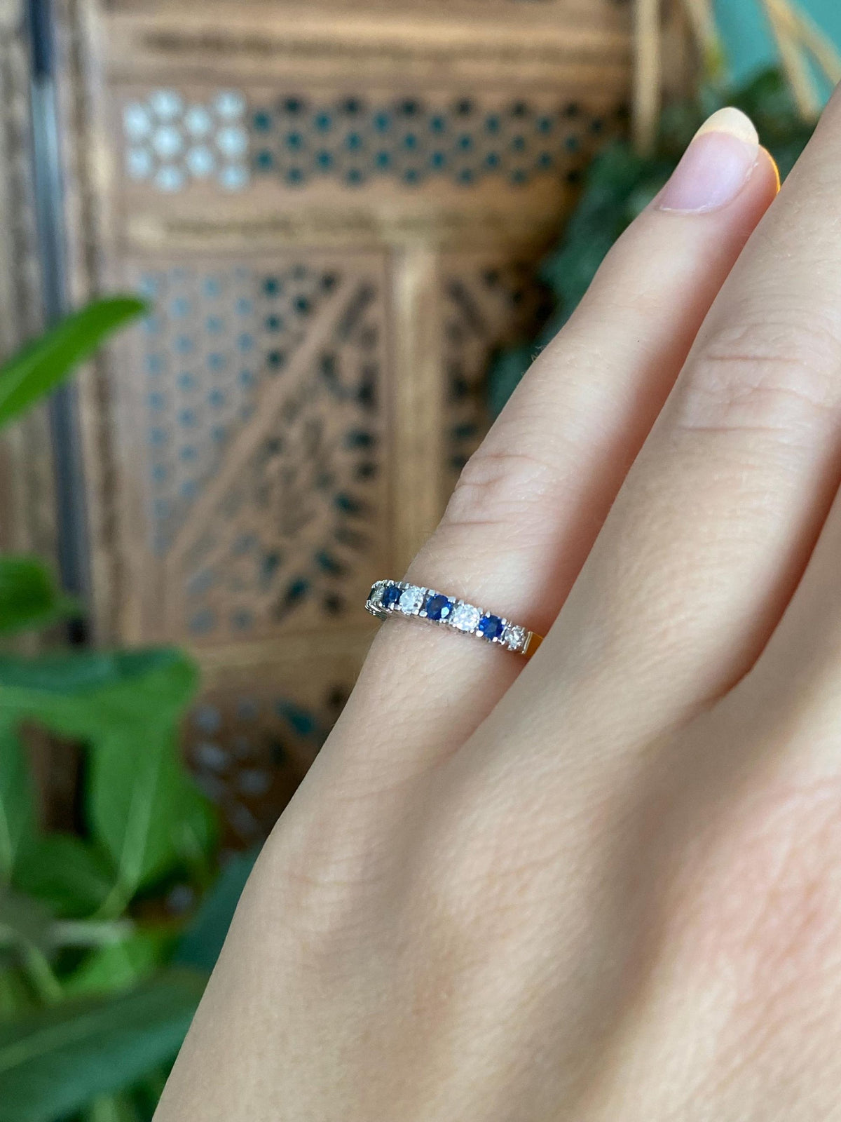 Vintage Solid 14k White & Yellow Gold Diamond Blue Sapphire Ring - Size 4