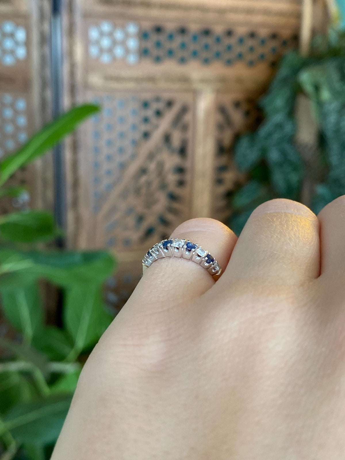 Vintage Solid 14k White & Yellow Gold Diamond Blue Sapphire Ring - Size 4