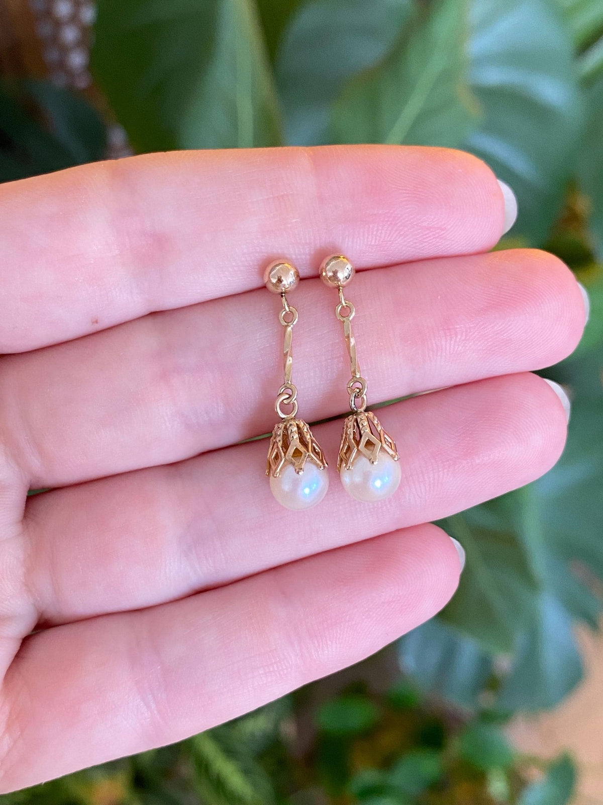 Vintage Solid 10k Yellow Gold Pearl Dangle Studs Earrings