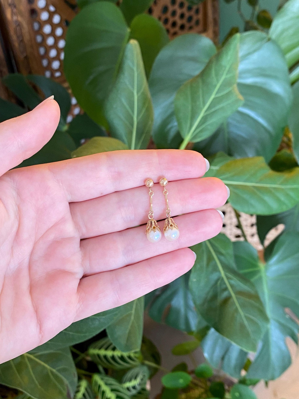 Vintage Solid 10k Yellow Gold Pearl Dangle Studs Earrings