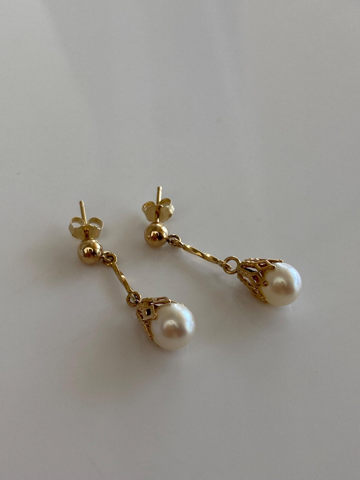 Vintage Solid 10k Yellow Gold Pearl Dangle Studs Earrings