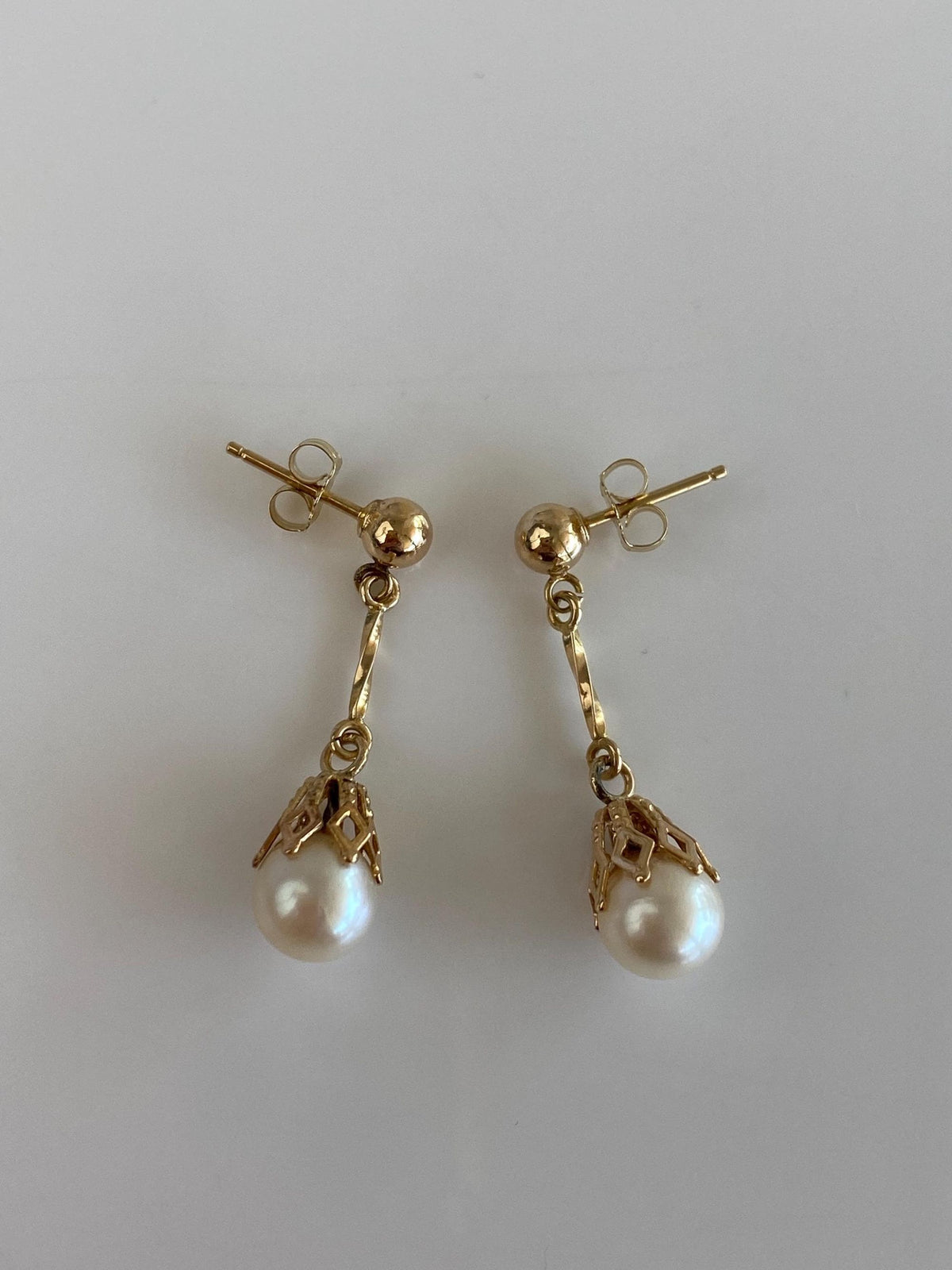 Vintage Solid 10k Yellow Gold Pearl Dangle Studs Earrings