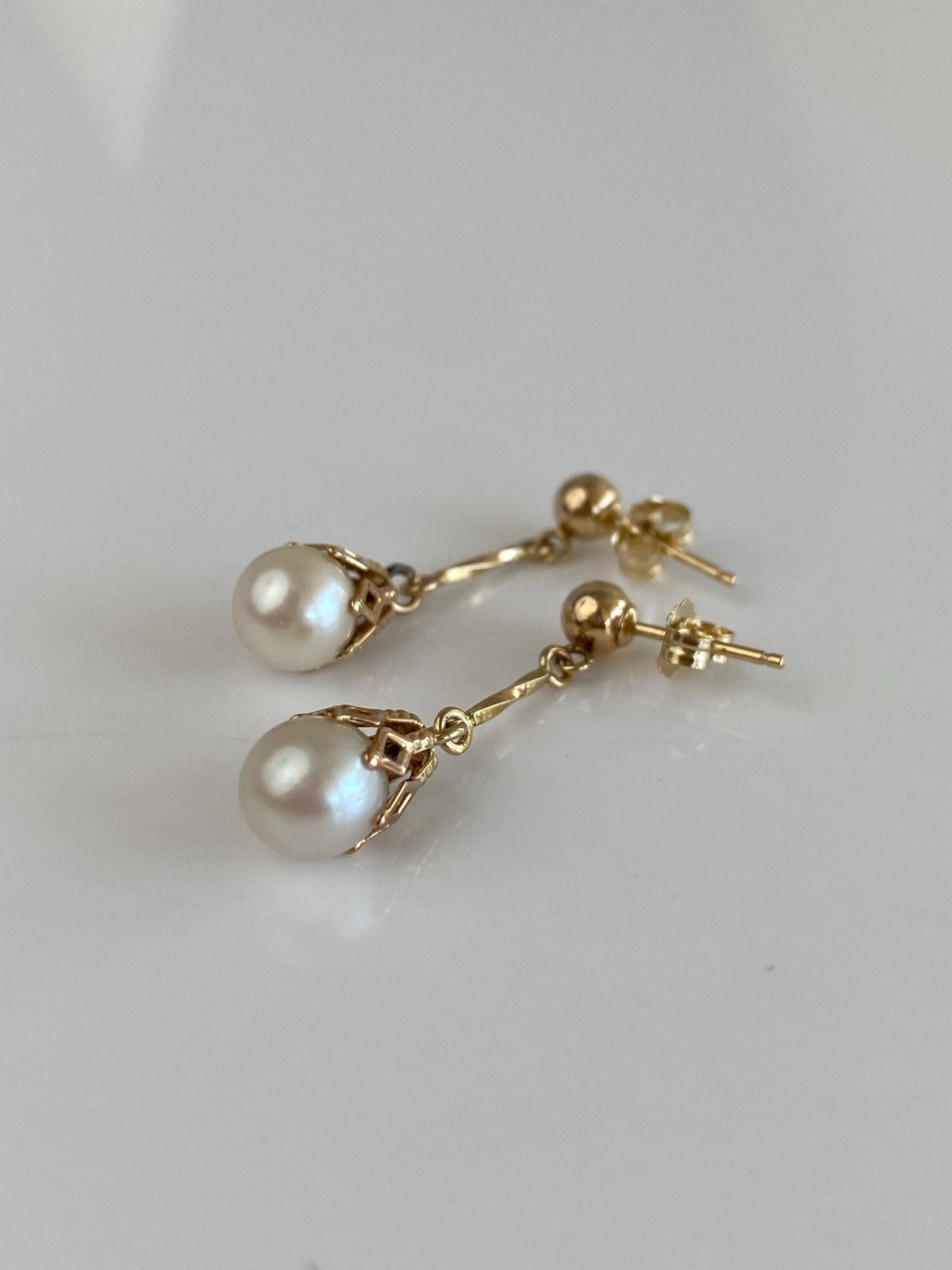 Vintage Solid 10k Yellow Gold Pearl Dangle Studs Earrings