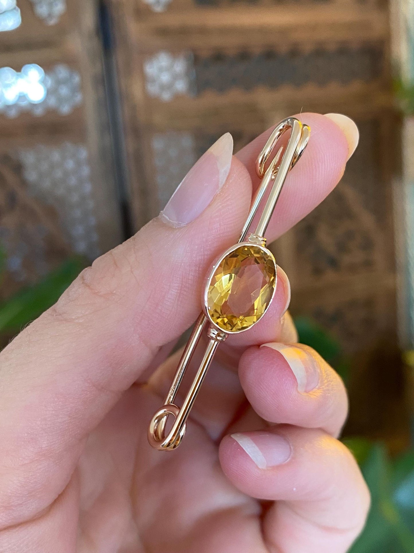Vintage Solid 14k Yellow Gold Citrine Safety Pin