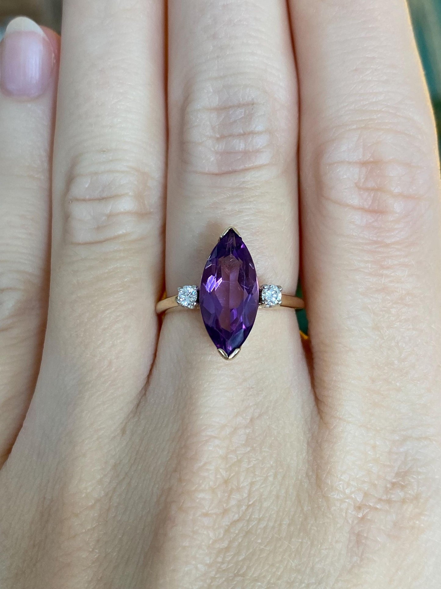 Vintage Solid 14k Yellow Gold Diamonds Marquis Amethyst Ring - Size 5.75