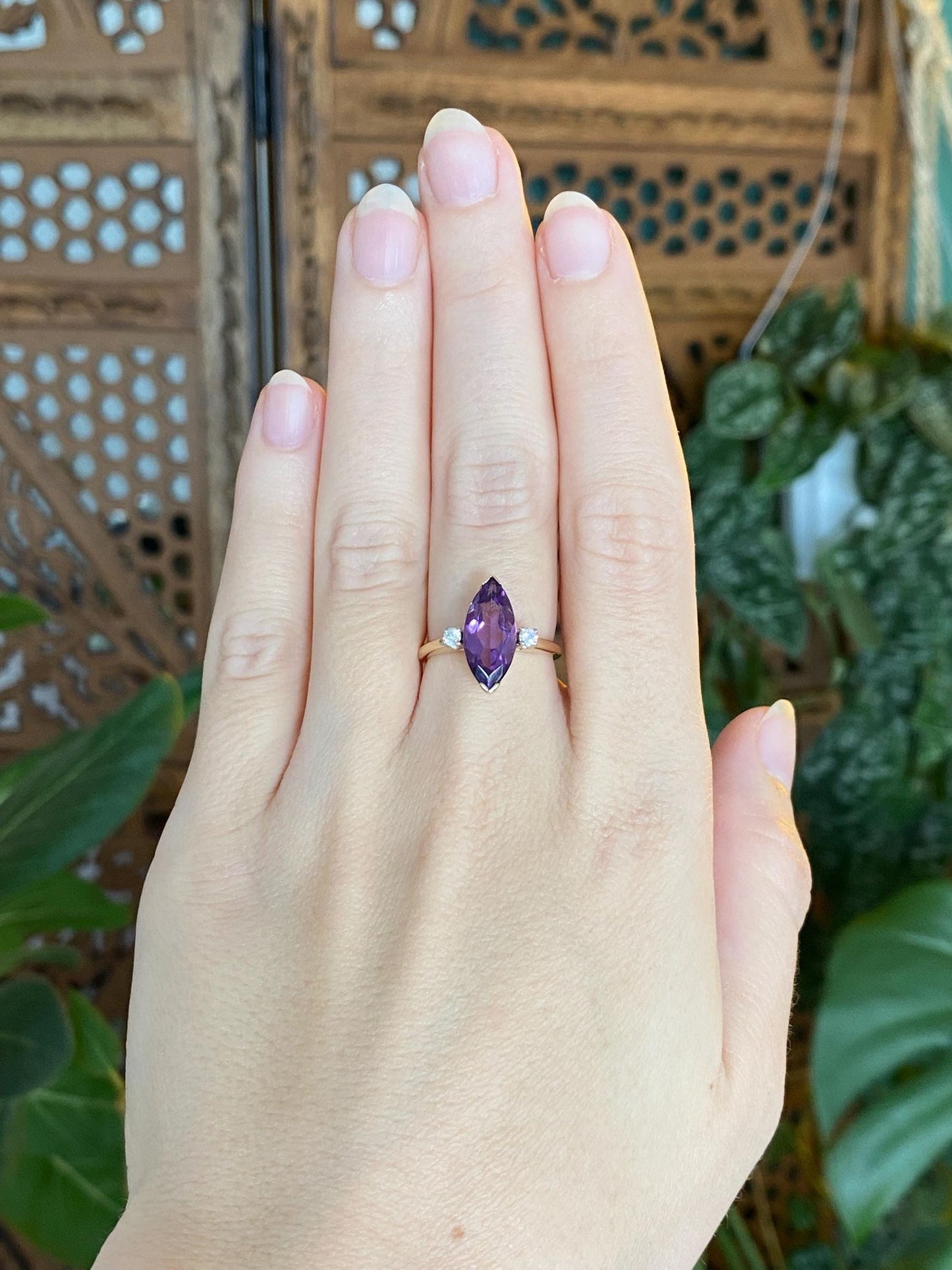 Vintage Solid 14k Yellow Gold Diamonds Marquis Amethyst Ring - Size 5.75