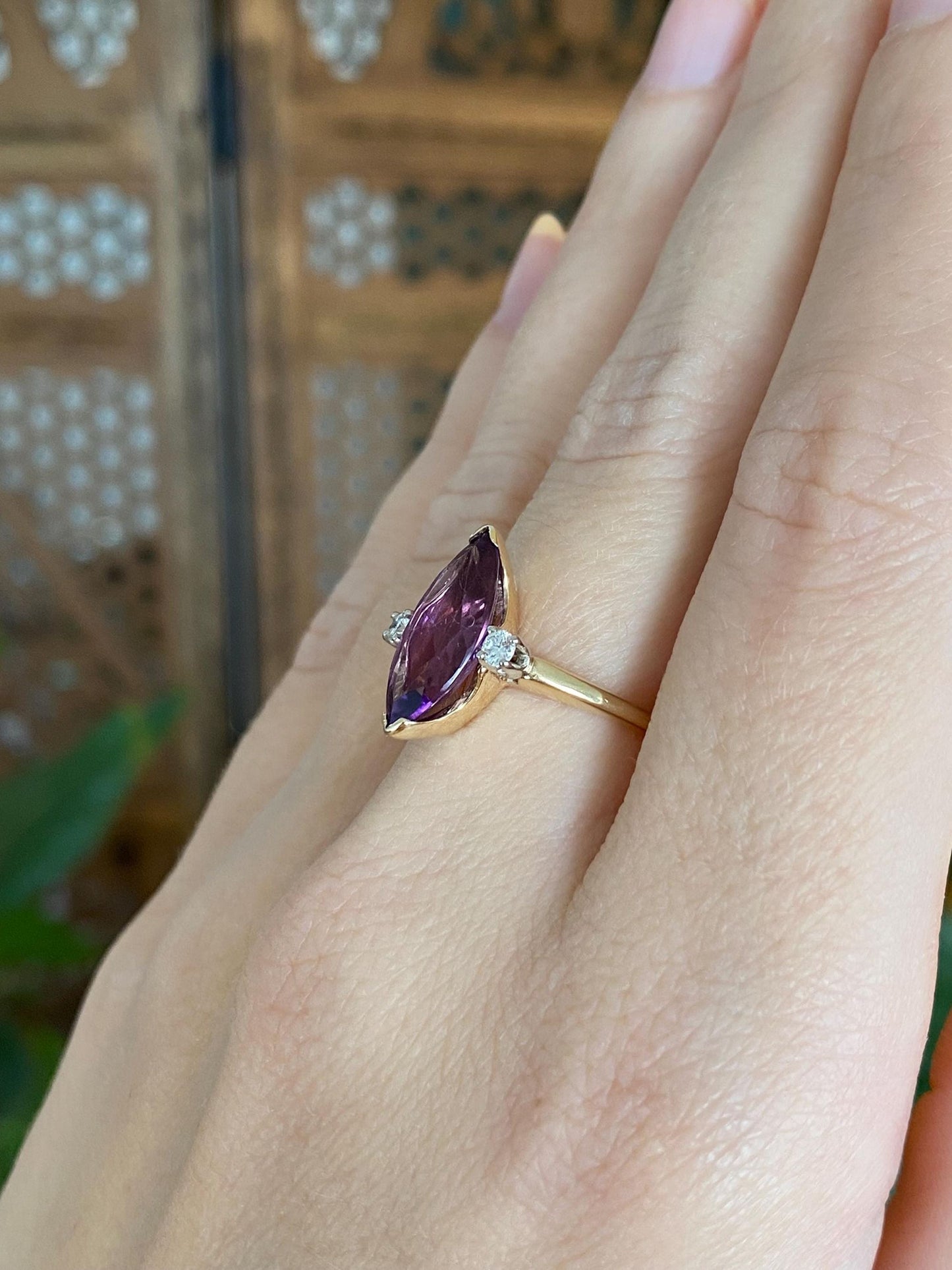 Vintage Solid 14k Yellow Gold Diamonds Marquis Amethyst Ring - Size 5.75