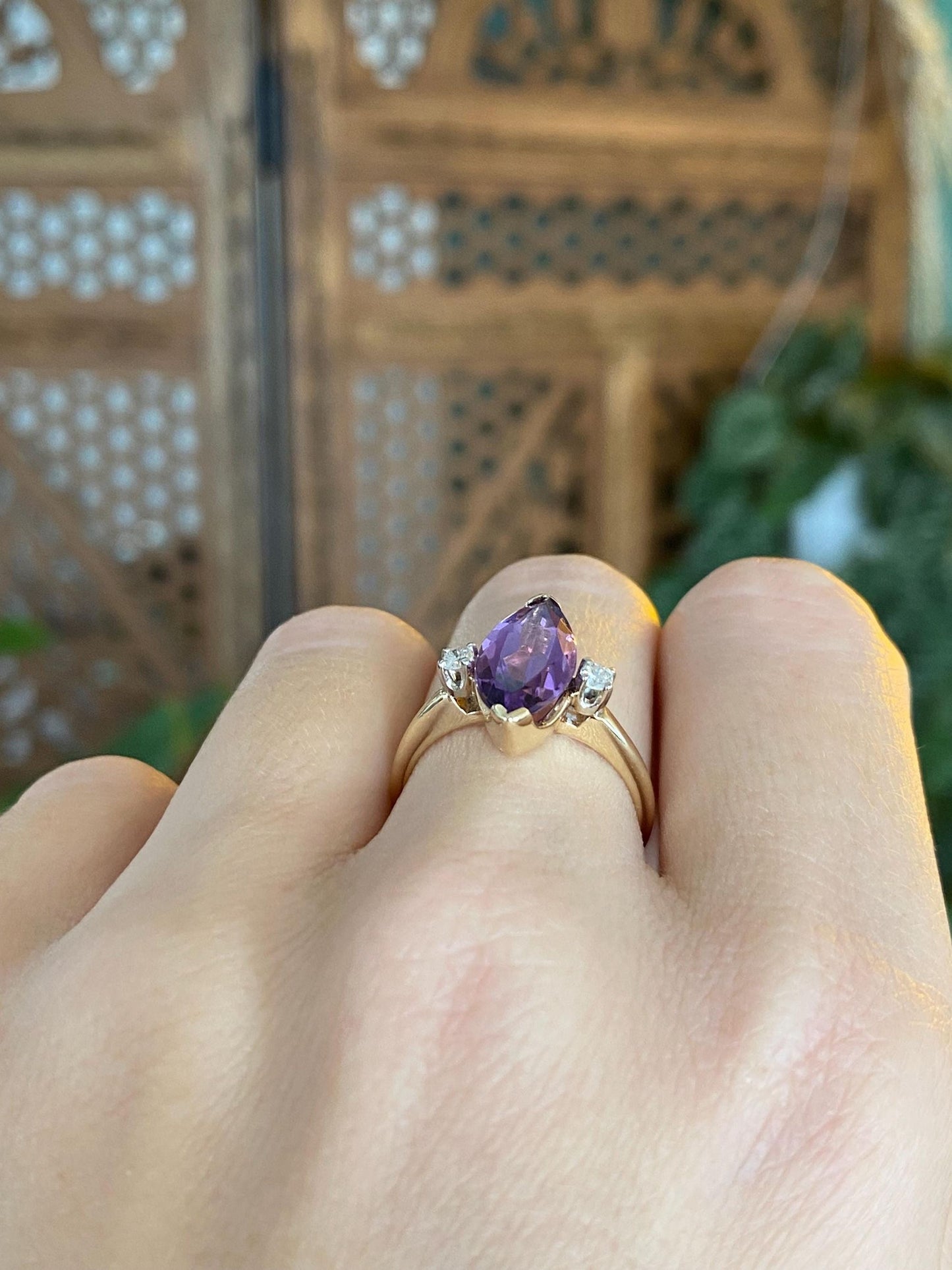 Vintage Solid 14k Yellow Gold Diamonds Marquis Amethyst Ring - Size 5.75