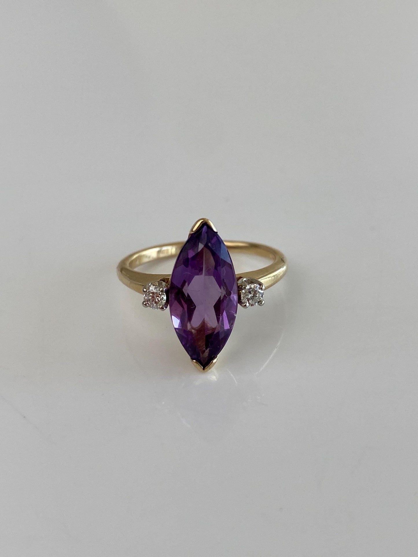 Vintage Solid 14k Yellow Gold Diamonds Marquis Amethyst Ring - Size 5.75