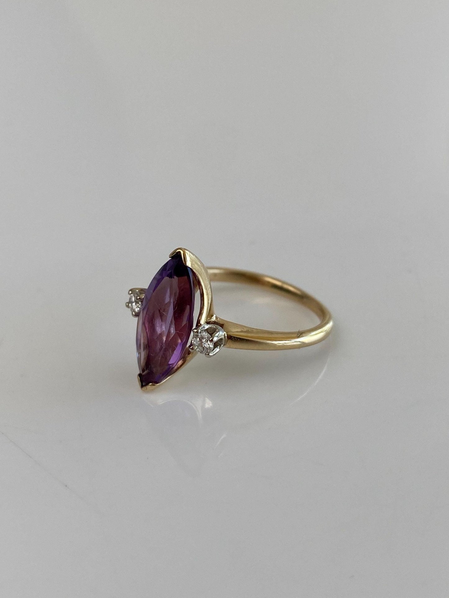 Vintage Solid 14k Yellow Gold Diamonds Marquis Amethyst Ring - Size 5.75