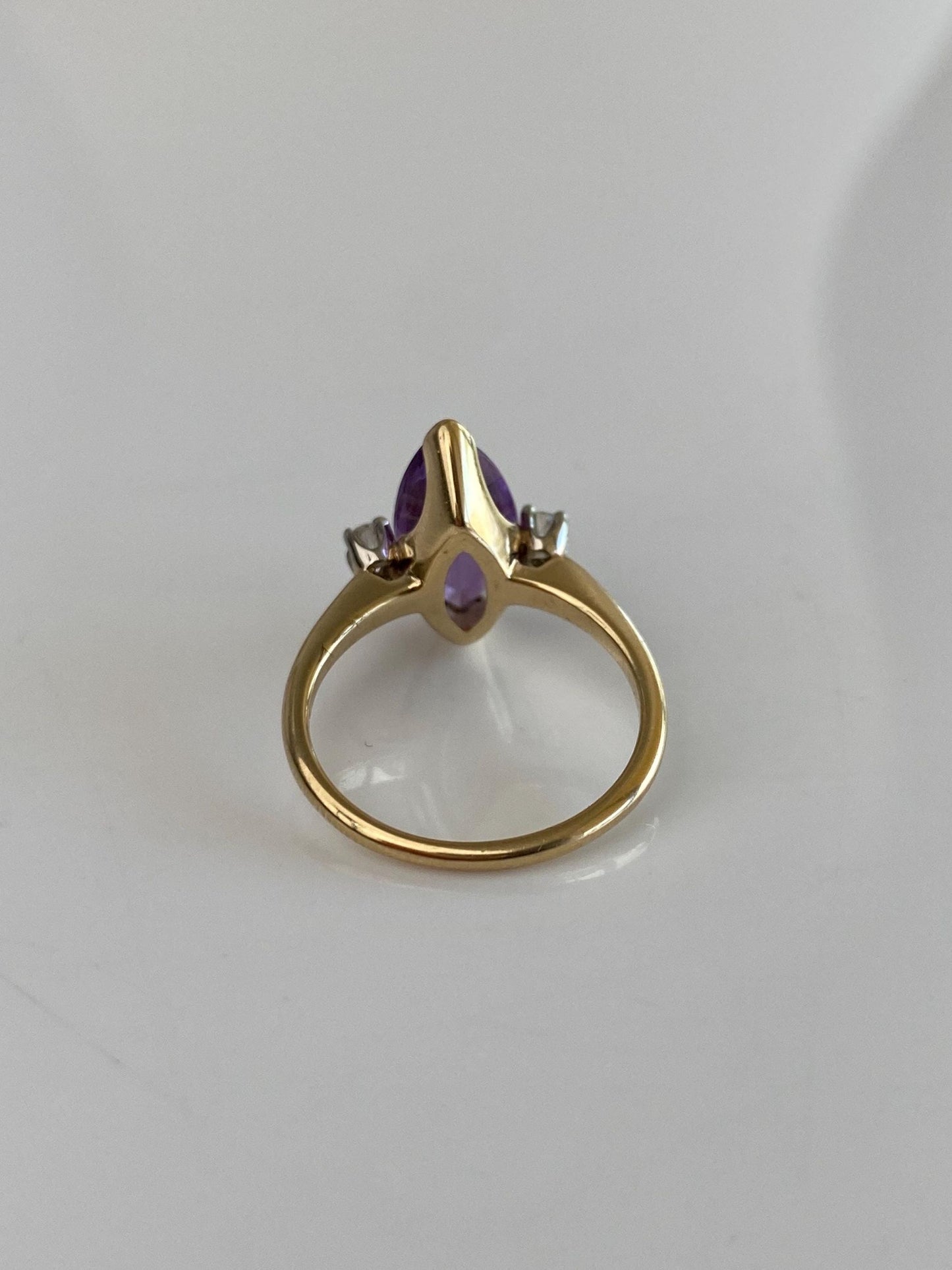 Vintage Solid 14k Yellow Gold Diamonds Marquis Amethyst Ring - Size 5.75
