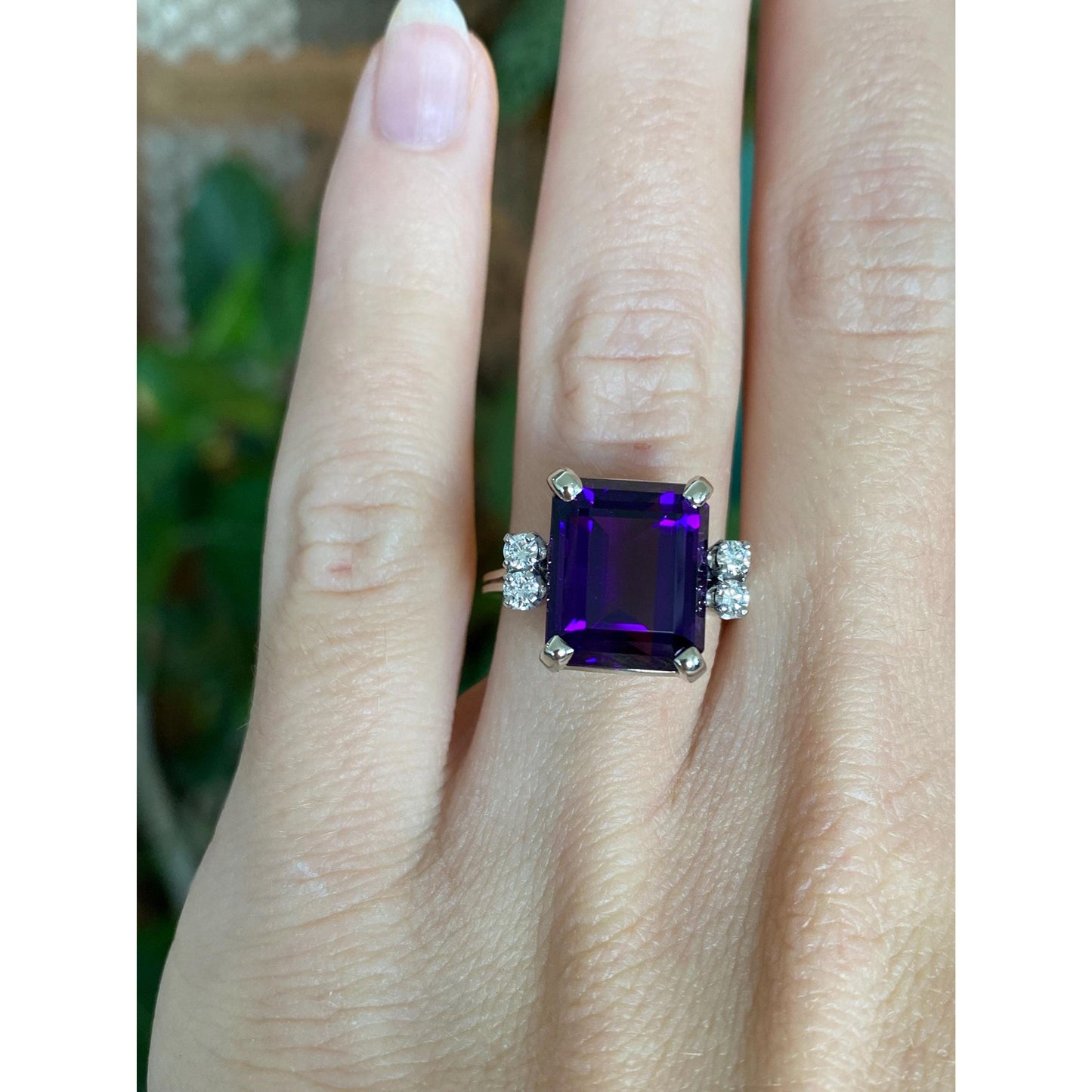 Vintage Solid 18k White Gold Diamond Amethyst Ring - Size 5.5