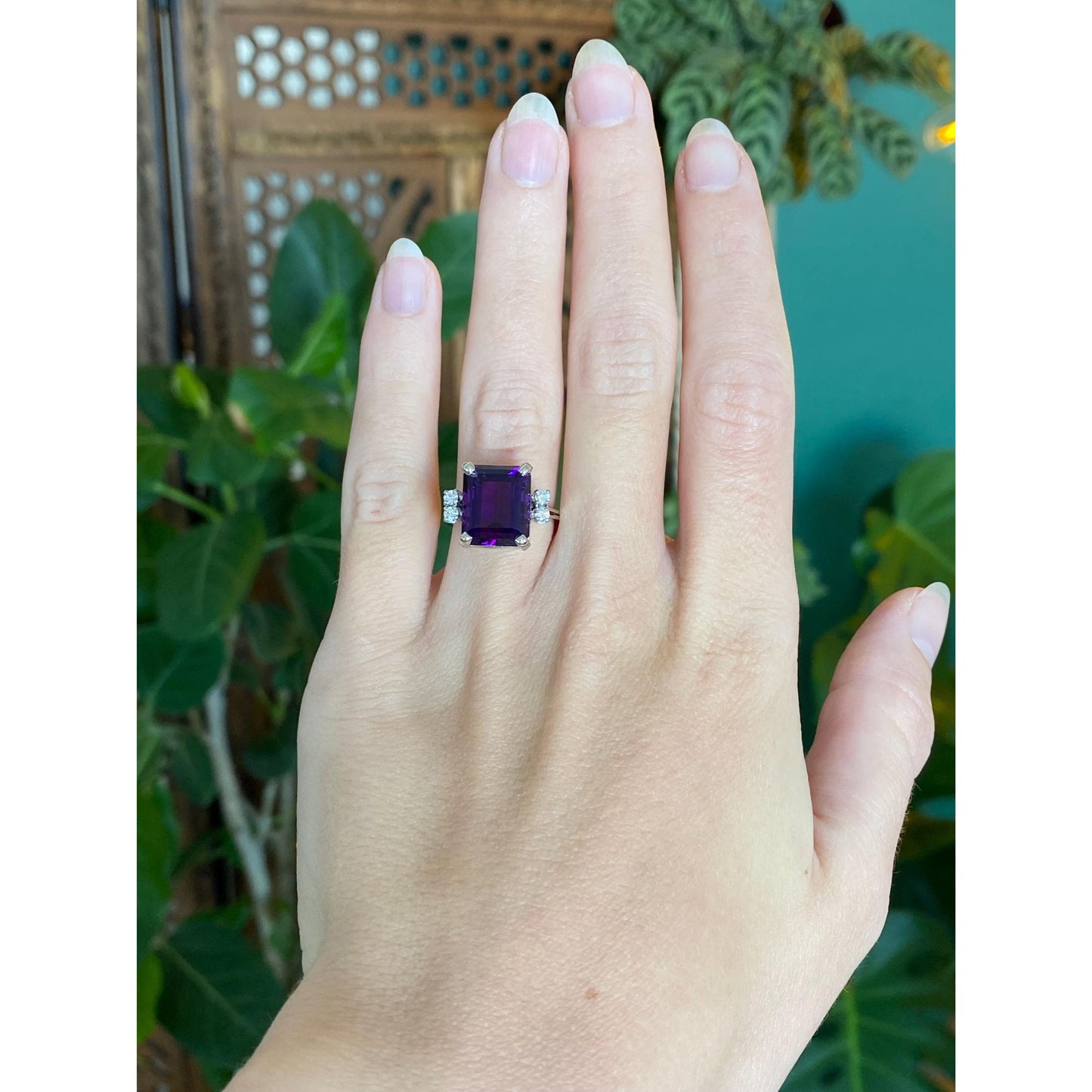 Vintage Solid 18k White Gold Diamond Amethyst Ring - Size 5.5