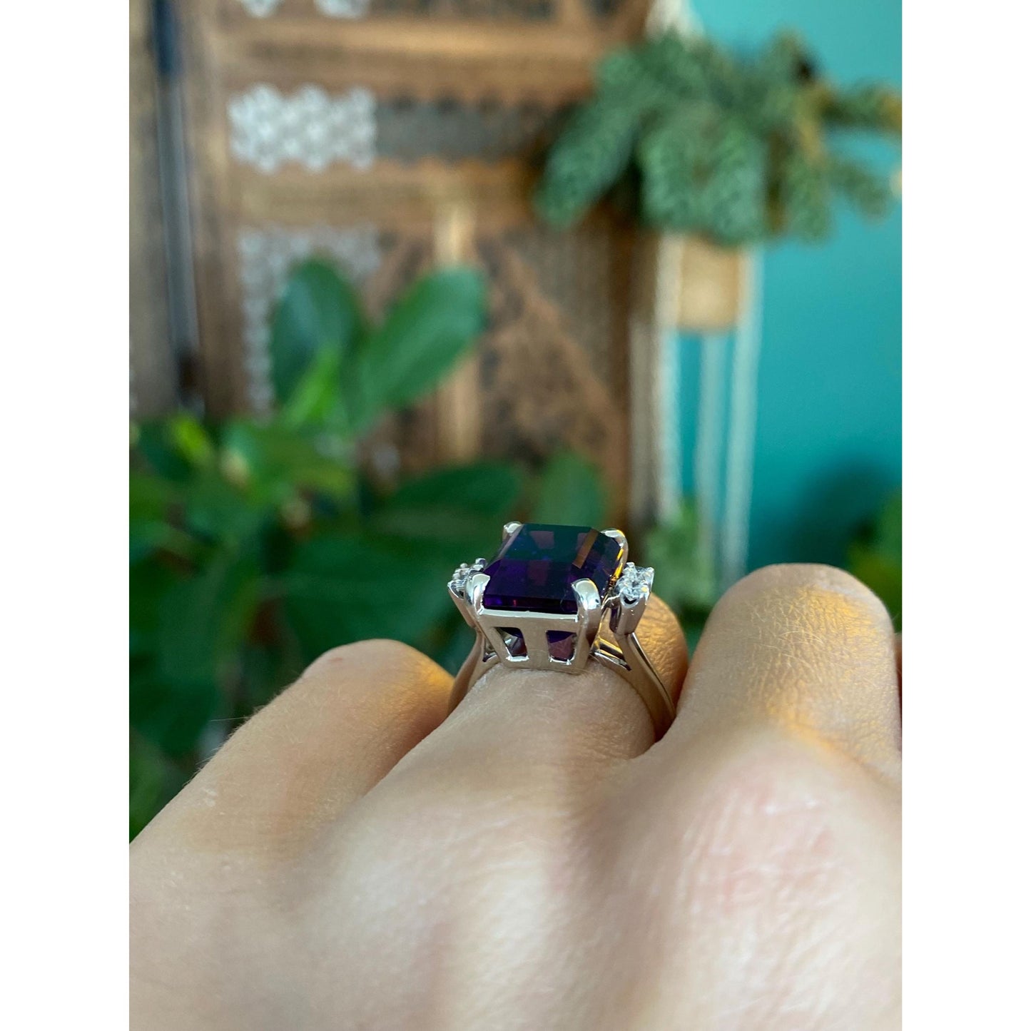 Vintage Solid 18k White Gold Diamond Amethyst Ring - Size 5.5
